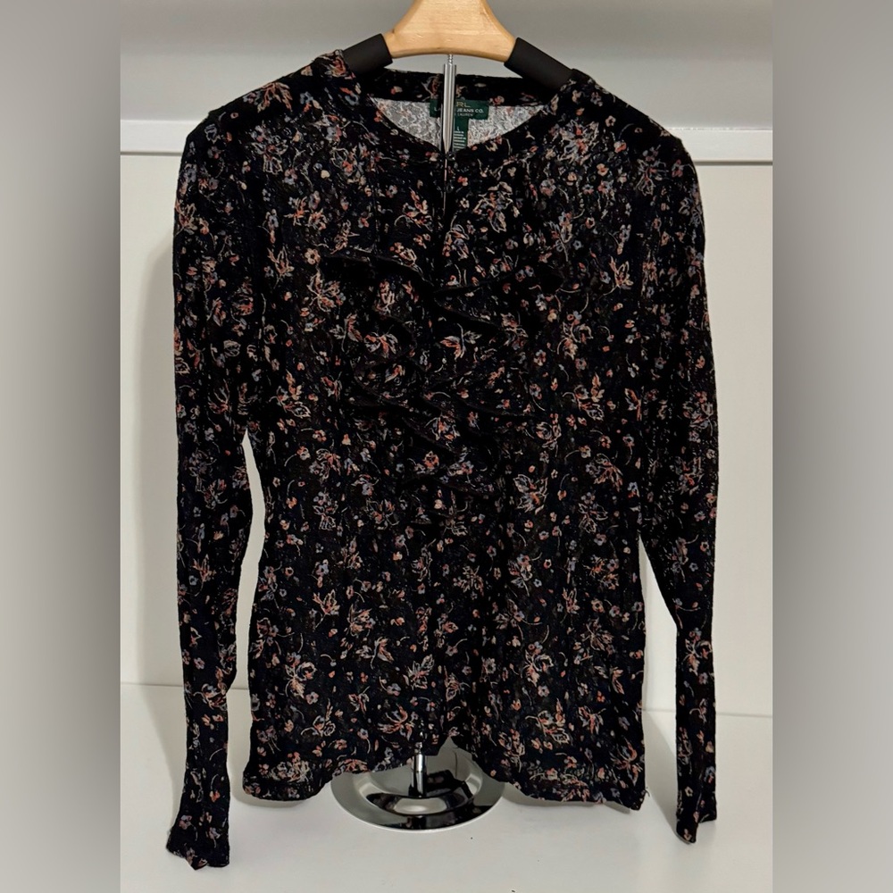 Lauren Ralph Lauren Black Floral Ruffle Long Sleeve Blouse Size: Large